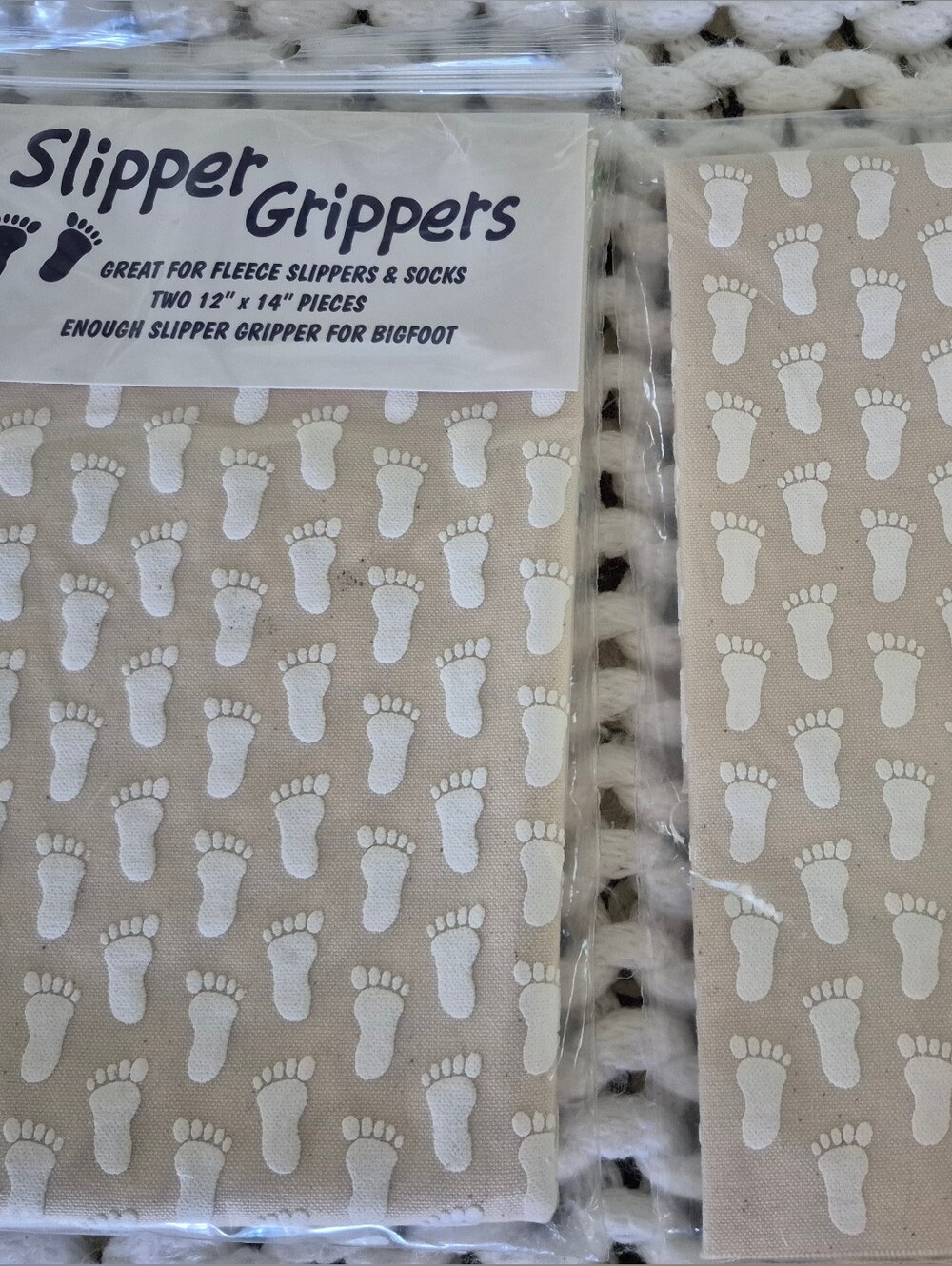 Slipper Grippers Non-Slip Footprint Fabric - Beige with White Footprints